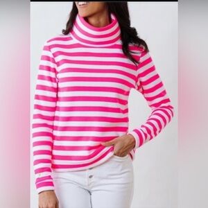 Dudley Stephens Vibrant Pink and White Striped Turtleneck Sweater